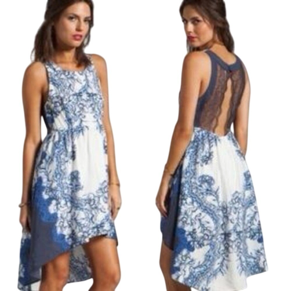 Free People Russian Plate Blue Lace‎ Back Hi-Low Dress Women's Small boho
